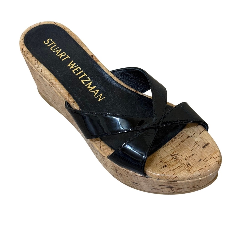 Stuart Weitzman Women Wedge Sandals 6.5B Black Patent Cork Slide Resort Chic Lux